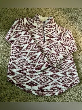 Cozy Half-Zip Cowl Pullover Sweater - White & Burgundy XXL